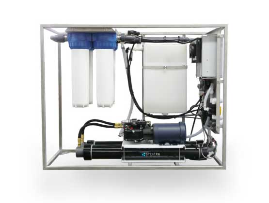 SPECTRA LB 1800 F The LB 1800 F is a turnkey solution producing 75 gallons/hour (285 Liters/hour) of fresh potable water from fresh, brackish or seawater sources.