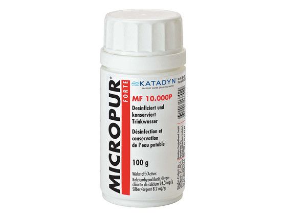 Katadyn Micropur Forte disinfects clear water and keeps it germ-free for up to 6 months. Due to the strong oxidizing power of chlorine, most 